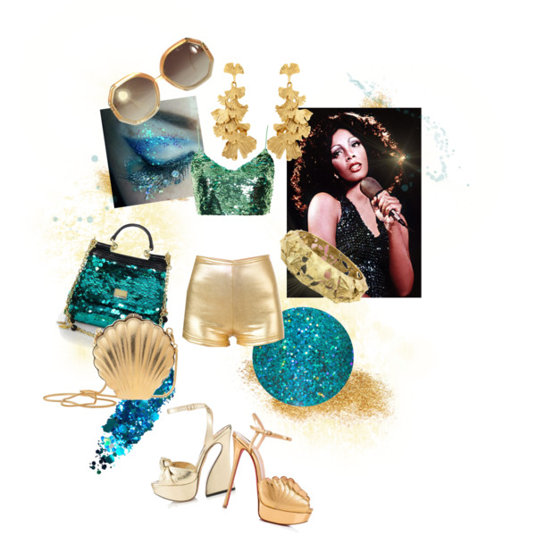 outfit set: teal sequinned crop top and metallic gold hot pants, with matching teal sequinned and metallic gold accessories, shell details on the purse and platform sandals, glitter scattered around, a photo of Donna Summer performing in the background